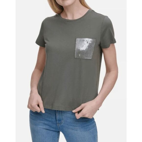 DKNY Women's Short Sleeve Sequin Pocket T-Shirt XS - Picture 1 of 7